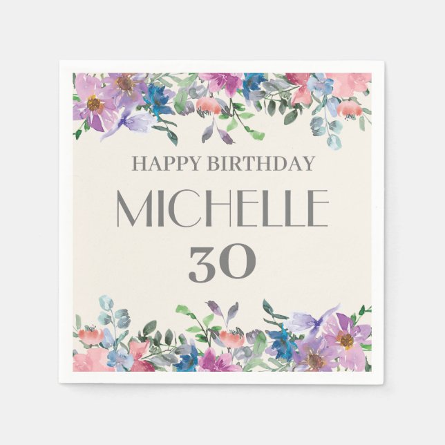 Blue Purple Watercolor Floral 30th Birthday Women Napkin (Front)