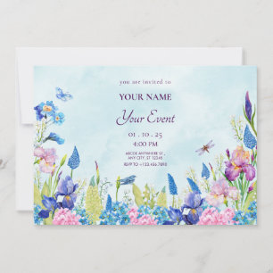 Blue purple watercolor floral aesthetic invitation
