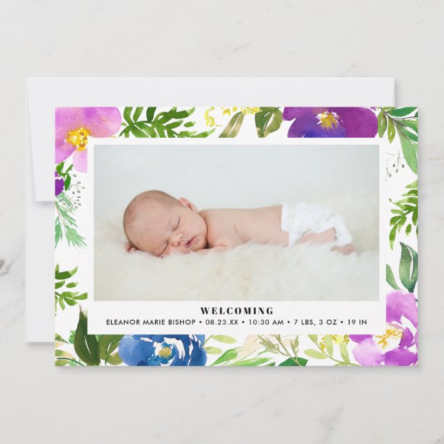 Blue & Purple Watercolor Floral Birth Announcement (Front)