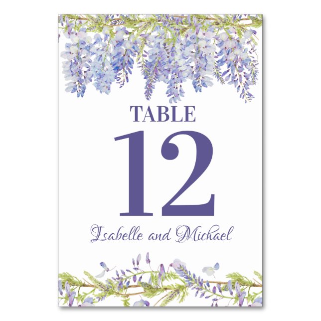 Blue Purple Watercolor Floral Wedding Table Number (Front)