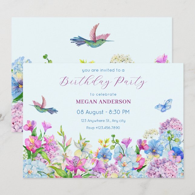 Blue Purple Watercolor Flower bloom birthday Invitation (Front/Back)