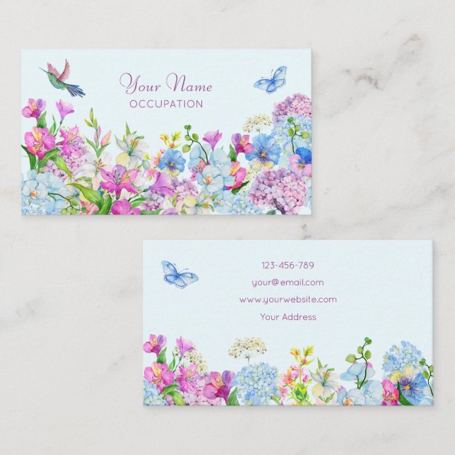 Blue Purple Watercolor Flower bloom Business Card (Front/Back)