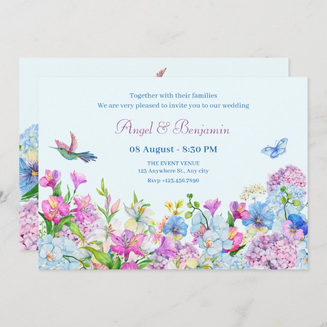 Blue Purple Watercolor Flower bloom wedding Invitation (Front/Back)
