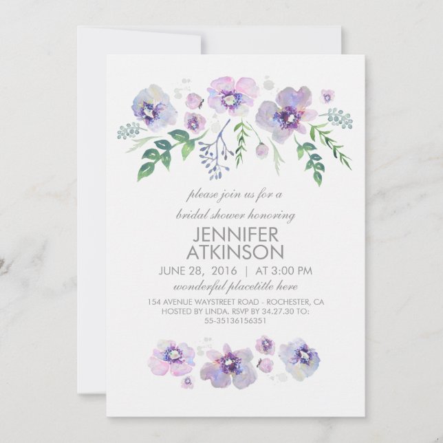 Blue Purple Watercolor Flowers Bridal Shower Invitation (Front)