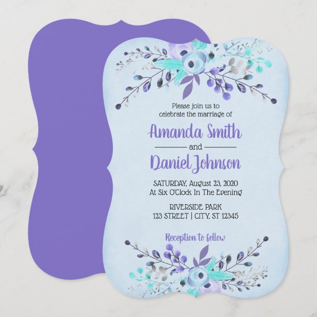 Blue & Purple Watercolor Flowers Roses Invitation (Front/Back)