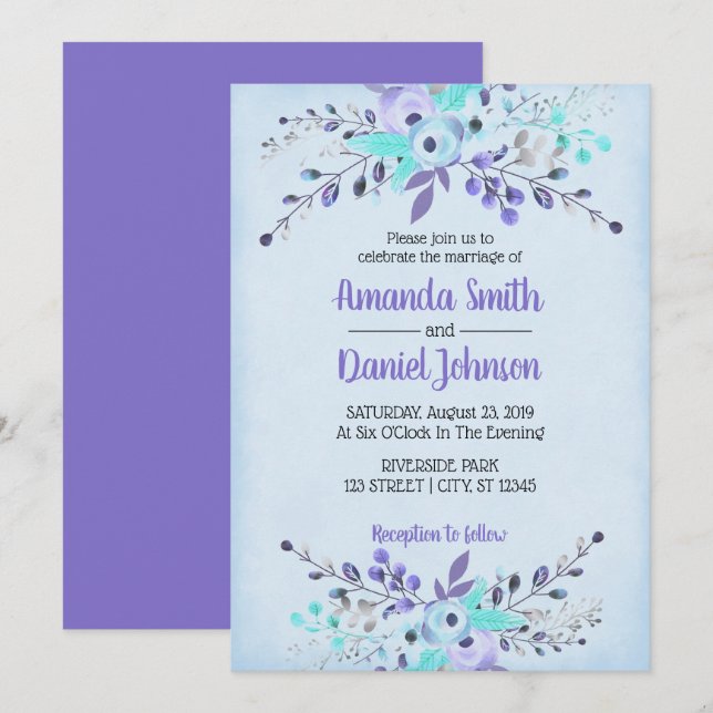 Blue & Purple Watercolor Flowers Roses Invitation (Front/Back)