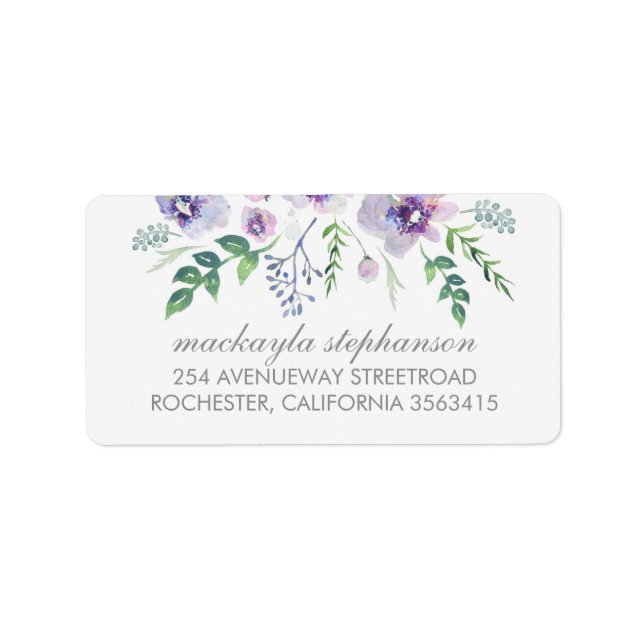 Blue Purple Watercolor Flowers Wedding Label (Front)
