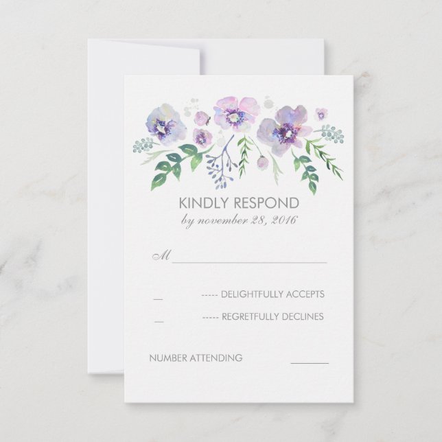 Blue Purple Watercolor Flowers Wedding RSVP (Front)