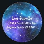 Blue Purple Watercolor Galaxy Return Address Classic Round Sticker<br><div class="desc">Create your own return address envelope seals on a cool DIY template that is easy to have personalised for your special day. The elegant watercolor art created by Raphaela Wilson depicts a cosmic nebula blend of purple and blue with sparkling white stars. These template return address envelope seals can fit...</div>