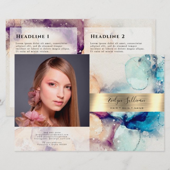 Blue Purple watercolor gold foil bifold brochure (Front/Back)