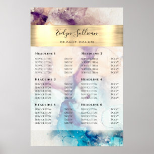 Blue Purple Watercolor Gold Foil Price List Poster