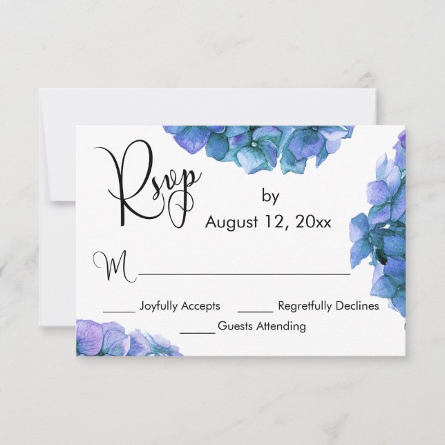 Blue & Purple Watercolor Hydrangeas w/ Calligraphy RSVP Card (Front)