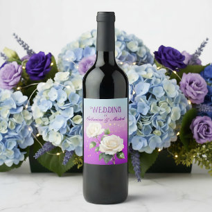 Blue Purple Watercolor Ombre Roses Spring Wedding Wine Label