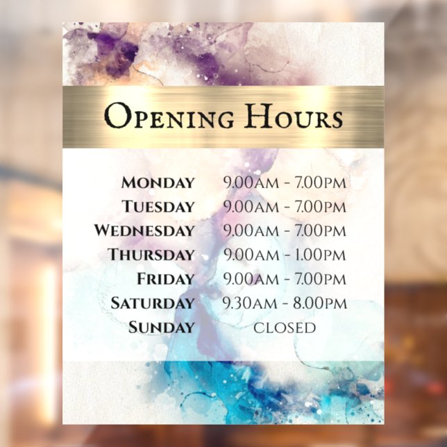 Blue Purple Watercolor Opening Hours Window Cling (Sheet 2)