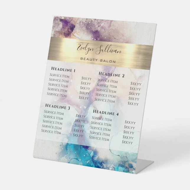 Blue Purple Watercolor Price List Pedestal Sign (Front)