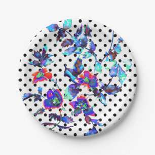 Blue purple watercolor rose painting   polka dots paper plate