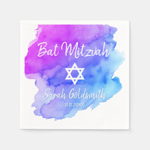 Blue Purple Watercolor Star of David Bat Mitzvah Napkin
