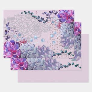 Blue purple watercolor succulents lace text wrapping paper sheet