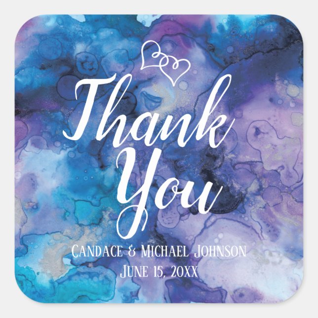 Blue Purple Watercolor Wedding Thank You Favour Square Sticker (Front)