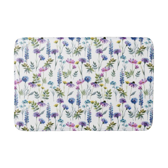 Blue Purple Watercolor Wildflower Bath Mat (Front)