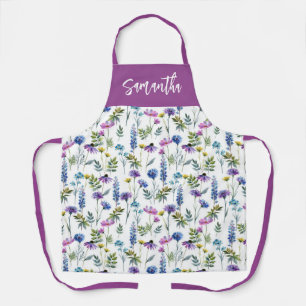 Blue Purple Watercolor Wildflower Custom Name Apron