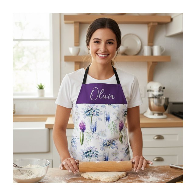 Blue Purple Watercolor Wildflower Custom Name Apron (Creator Uploaded)