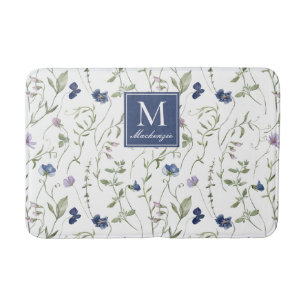 Blue Purple Watercolor Wildflower Monogram Bath Mat