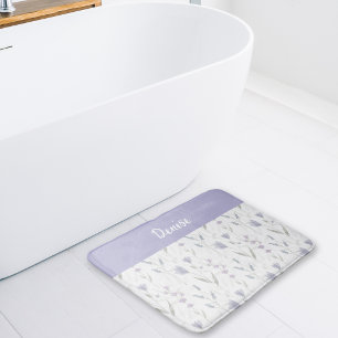 Blue Purple Watercolor Wildflower Monogram Bath Mat