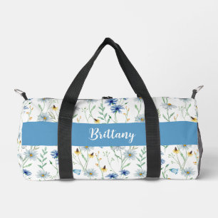 Blue Purple Watercolor Wildflower Monogram Duffle Bag
