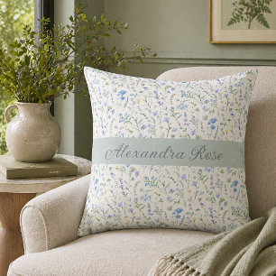 Blue Purple Watercolor Wildflower Monogram Name Cushion