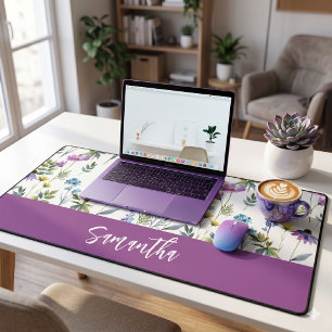 Blue Purple Watercolor Wildflower Monogram Name Desk Mat
