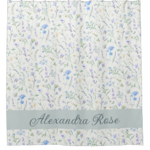 Blue Purple Watercolor Wildflower Monogram Name Shower Curtain