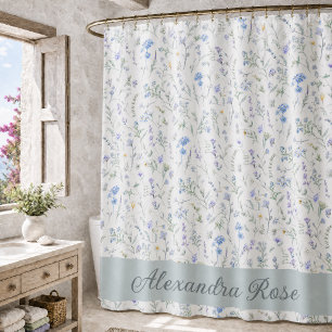 Blue Purple Watercolor Wildflower Monogram Name Shower Curtain