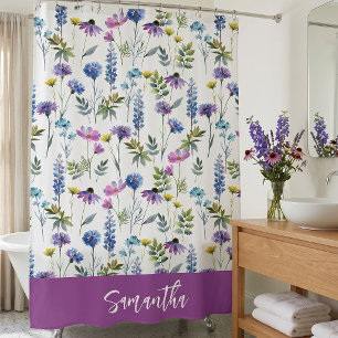 Blue Purple Watercolor Wildflower Monogram Shower Curtain