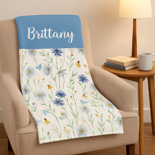 Blue Purple Watercolor Wildflower Name Fleece Blanket