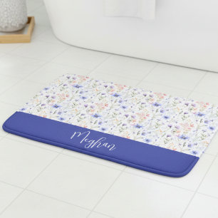 Blue Purple Watercolor Wildflower Name Monogram Bath Mat
