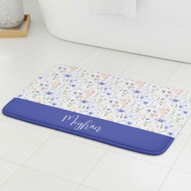 Blue Purple Watercolor Wildflower Name Monogram Bath Mat (Creator Uploaded)