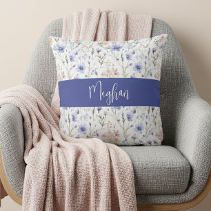 Blue Purple Watercolor Wildflower Name Monogram Cushion