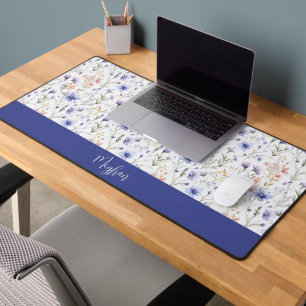 Blue Purple Watercolor Wildflower Name Monogram Desk Mat
