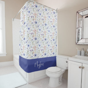 Blue Purple Watercolor Wildflower Name Monogram Shower Curtain