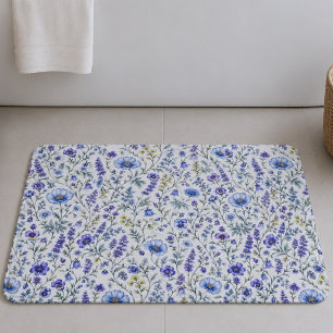Blue Purple Watercolor Wildflower Pattern Bath Mat