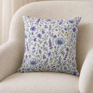 Blue Purple Watercolor Wildflower Pattern Cushion