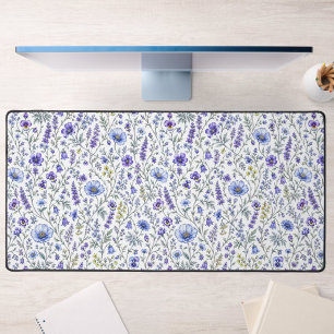 Blue Purple Watercolor Wildflower Pattern Desk Mat