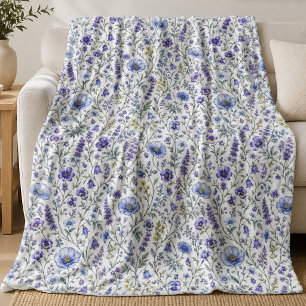 Blue Purple Watercolor Wildflower Pattern Fleece Blanket