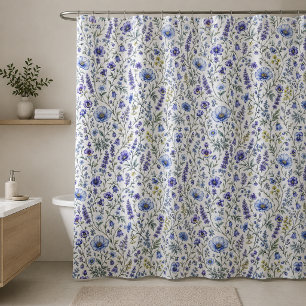 Blue Purple Watercolor Wildflower Pattern Shower Curtain