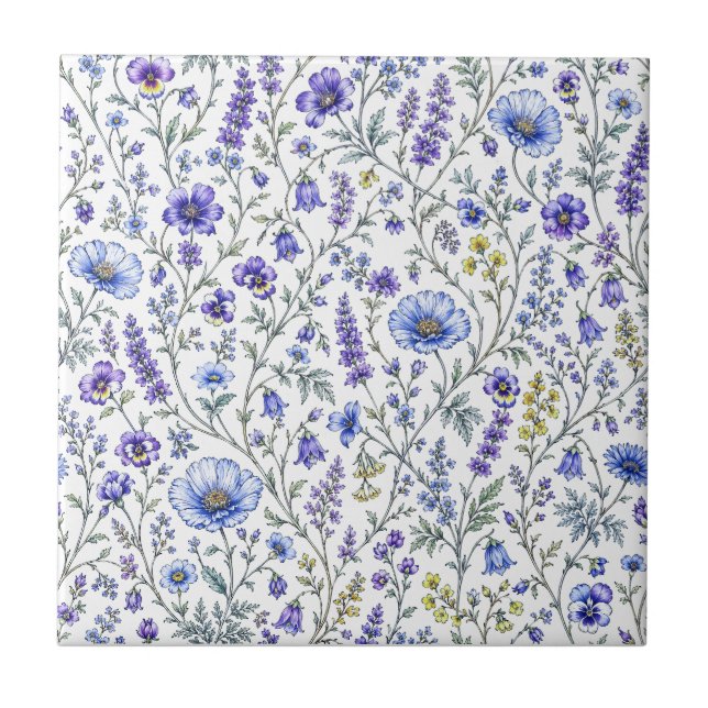 Blue Purple Watercolor Wildflower Pattern Tile (Front)