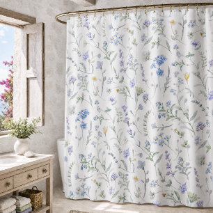 Blue Purple Watercolor Wildflower Shower Curtain