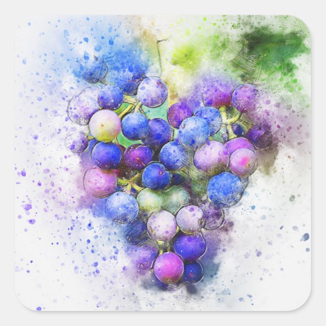 Blue Purple Watercolour Grapes Fruit Abstract Square Sticker (Front)