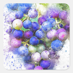 Blue Purple Watercolour Grapes Fruit Abstract Square Sticker