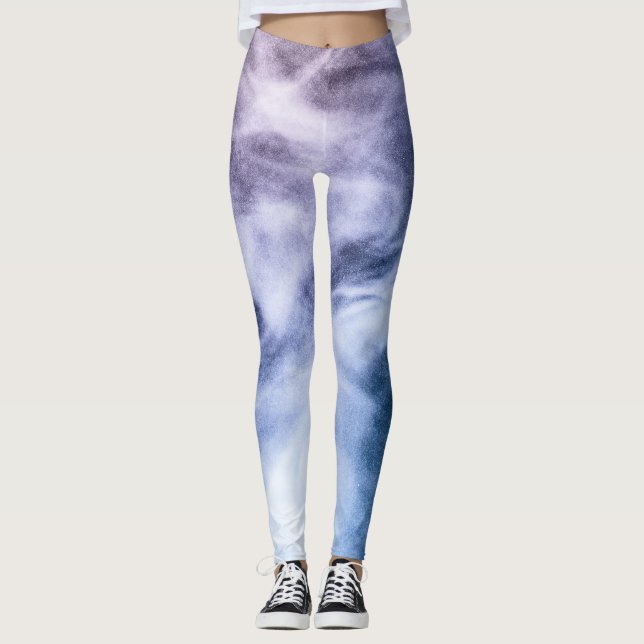 Blue purple white abstract heavenly clouds smoke leggings (Front)